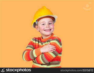 Funny little worker construction on a orange background