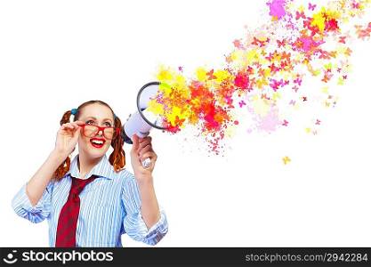 Funny looking woman with megaphone