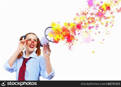 Funny looking woman with megaphone. Funny looking woman speaking with a megaphone