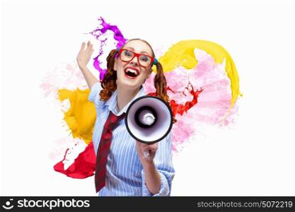 Funny looking woman with megaphone. Funny looking woman speaking with a megaphone