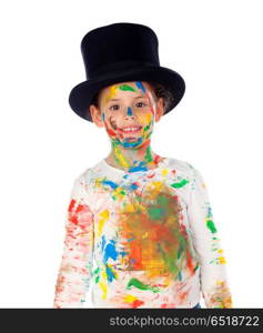 Funny magician with hands and face full of paint. Funny magician with hands and face full of paint isolated on a white background