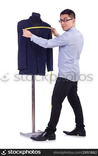 Funny male tailor on white