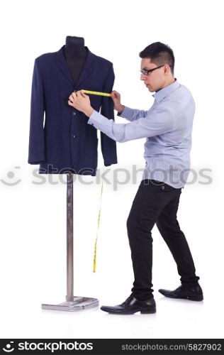 Funny male tailor on white