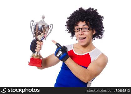 Funny man after winning gold cup isolated on white
