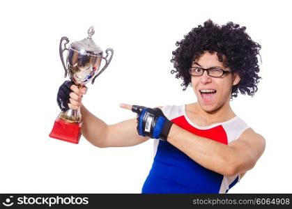 Funny man after winning gold cup isolated on white