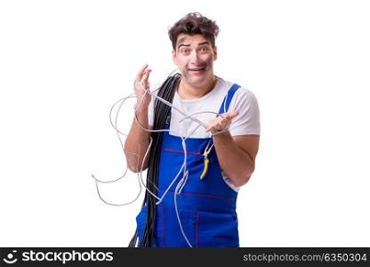 Funny man doing electrical repair