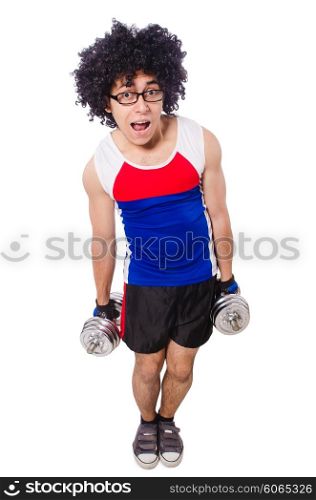 Funny man exercising with dumbbells