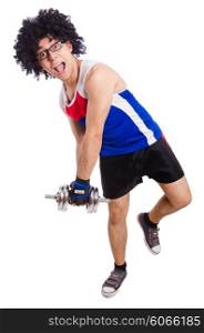 Funny man exercising with dumbbells