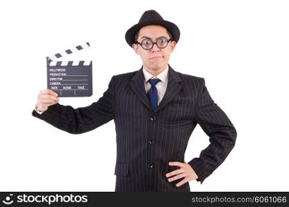 Funny man in elegant suit with movie clapboard isolated on white