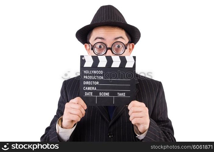 Funny man in elegant suit with movie clapboard isolated on white