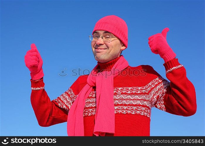 Funny man in red gloves and scarf