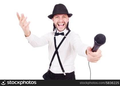 Funny man singing isolated on the white