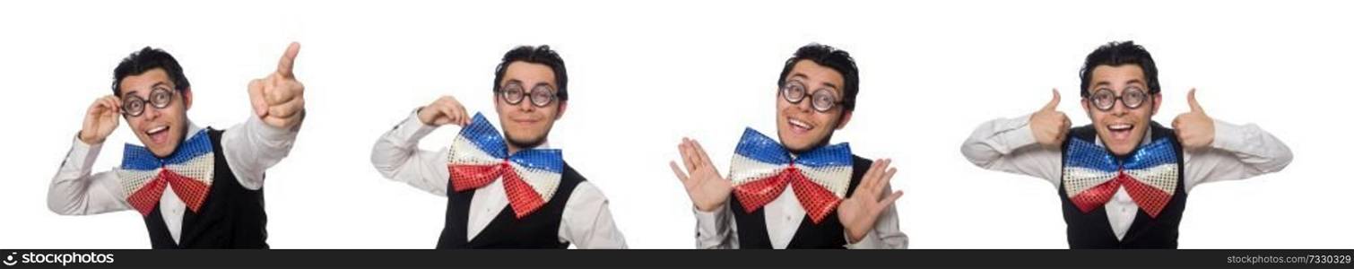 Funny man wearing giant bow tie