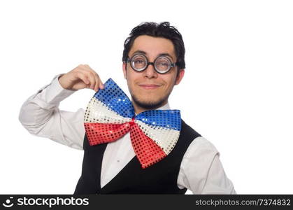 Funny man wearing giant bow tie. Funny man with giant bow tie