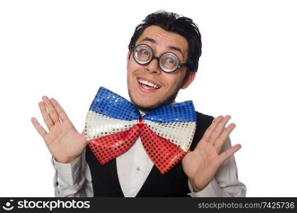 Funny man wearing giant bow tie. Funny man with giant bow tie