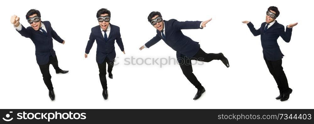 Funny man wearing goggles isolated on white