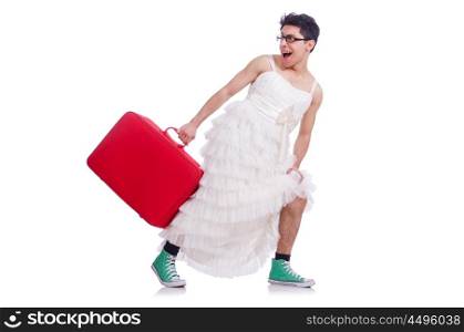 Funny man wearing in woman dress preparing on vacation isolated on white