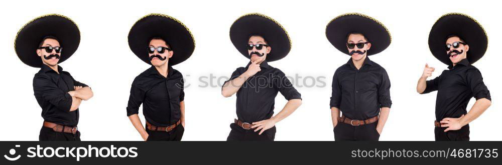 Funny man wearing mexican sombrero hat isolated on white