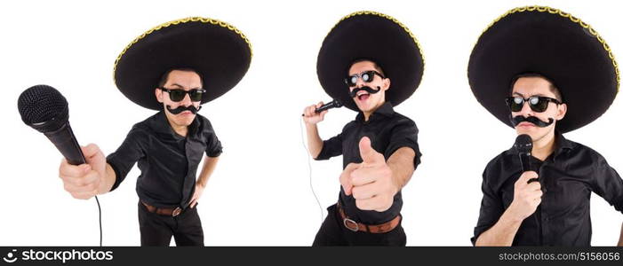 Funny man wearing mexican sombrero hat isolated on white