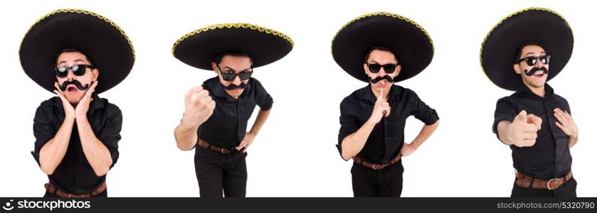 Funny man wearing mexican sombrero hat isolated on white