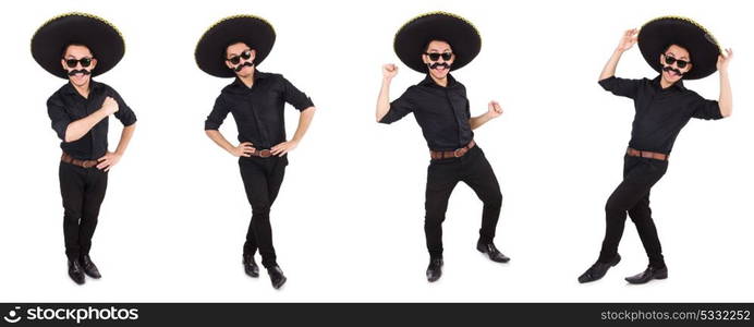 Funny man wearing mexican sombrero hat isolated on white