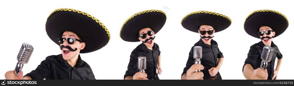 Funny man wearing mexican sombrero hat isolated on white