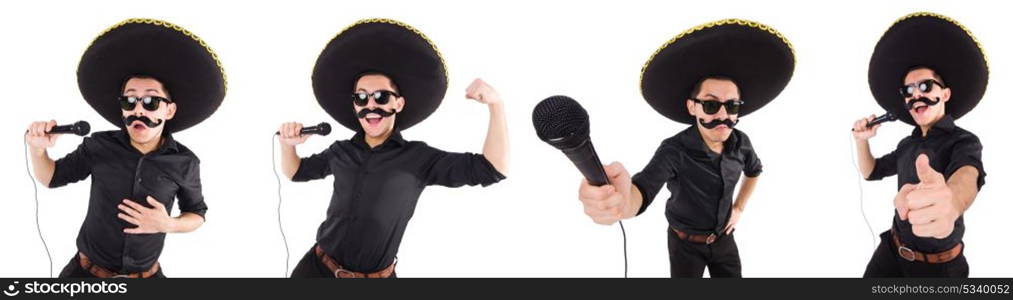 Funny man wearing mexican sombrero hat isolated on white