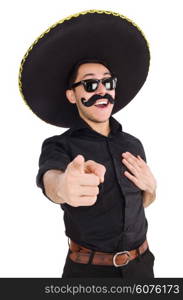 Funny man wearing mexican sombrero hat isolated on white