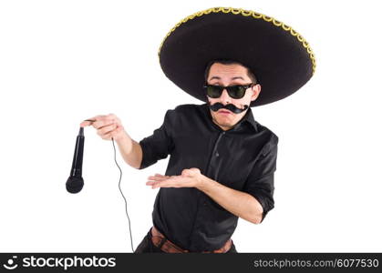 Funny man wearing mexican sombrero hat isolated on white