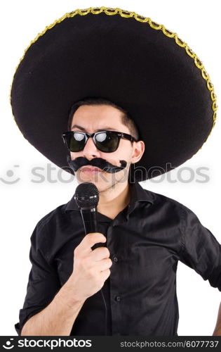 Funny man wearing mexican sombrero hat isolated on white