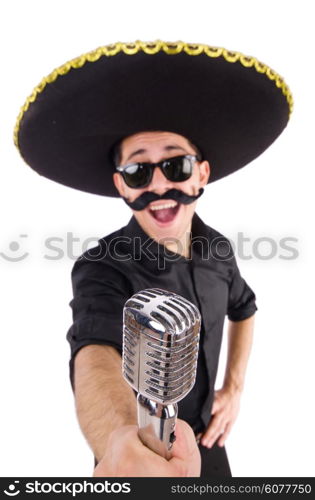 Funny man wearing mexican sombrero hat isolated on white