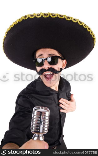 Funny man wearing mexican sombrero hat isolated on white