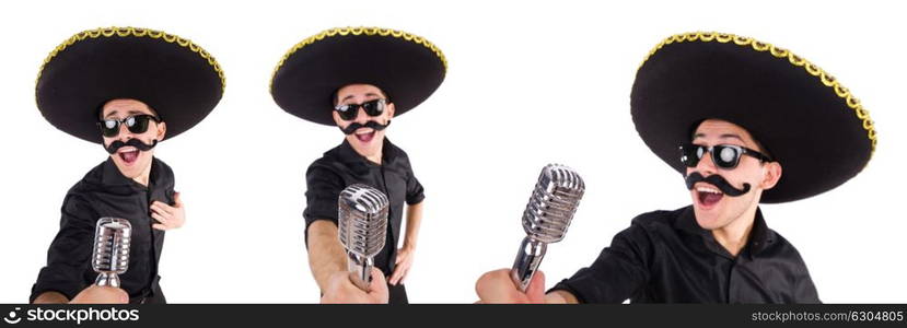 Funny man wearing mexican sombrero hat isolated on white