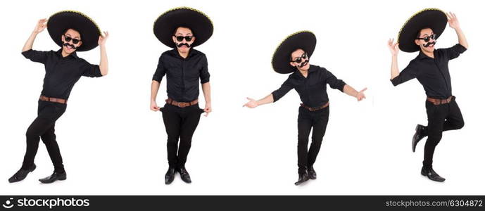 Funny man wearing mexican sombrero hat isolated on white