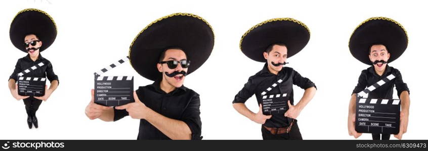 Funny man wearing mexican sombrero hat isolated on white