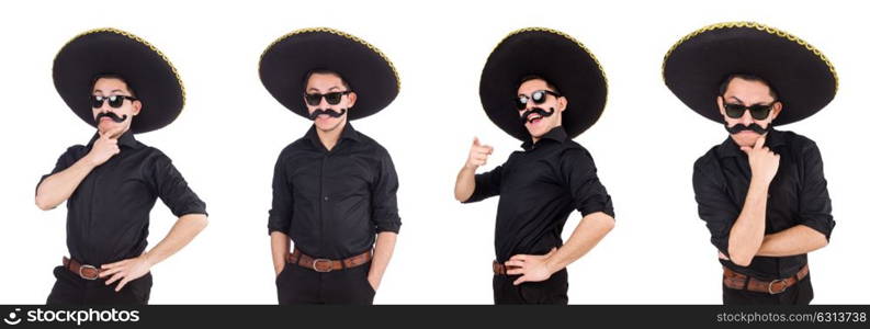 Funny man wearing mexican sombrero hat isolated on white