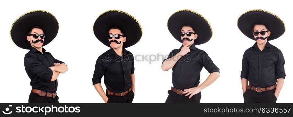 Funny man wearing mexican sombrero hat isolated on white