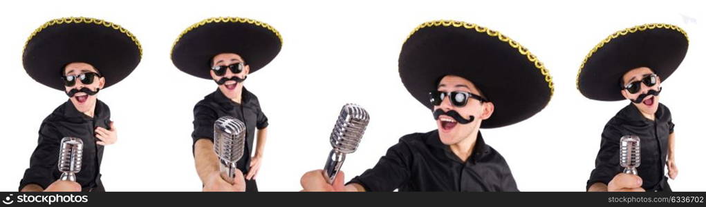 Funny man wearing mexican sombrero hat isolated on white