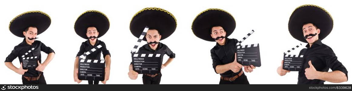 Funny man wearing mexican sombrero hat isolated on white