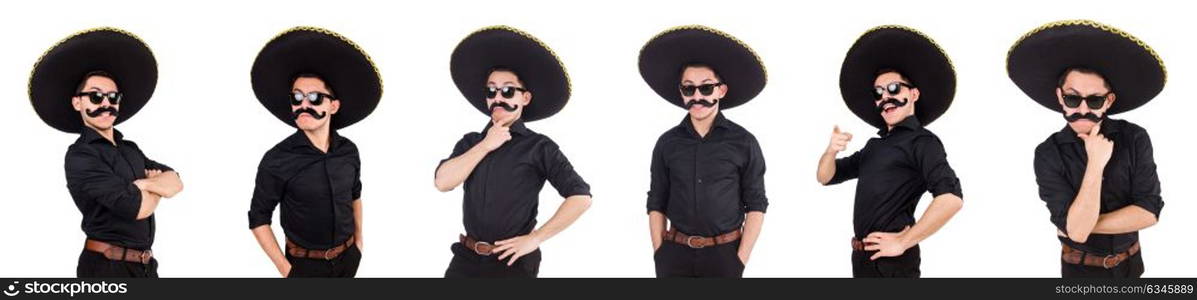 Funny man wearing mexican sombrero hat isolated on white