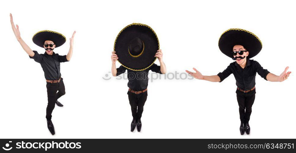 Funny man wearing mexican sombrero hat isolated on white