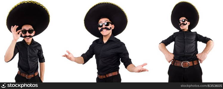 Funny man wearing mexican sombrero hat isolated on white