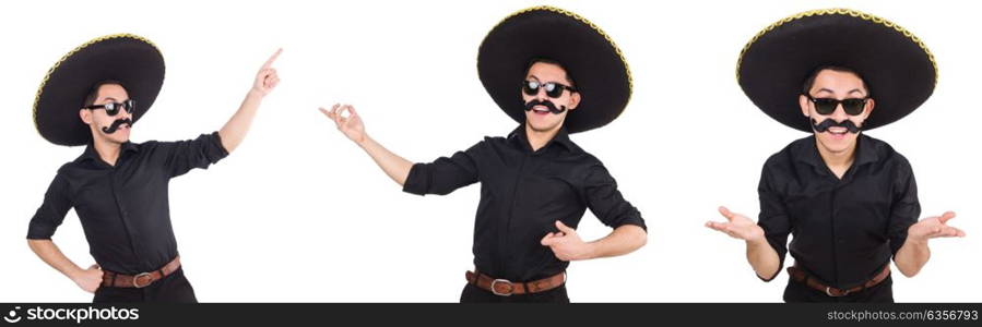 Funny man wearing mexican sombrero hat isolated on white