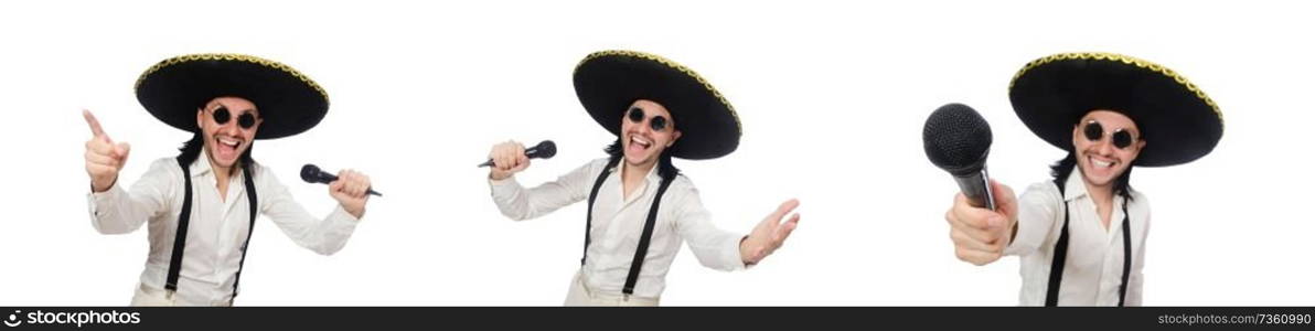 Funny man wearing mexican sombrero hat isolated on white