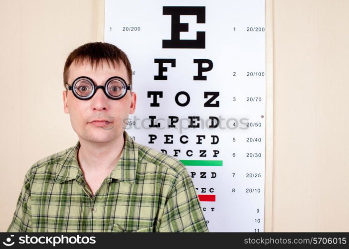 Funny man wearing spectacles in an office at the doctor