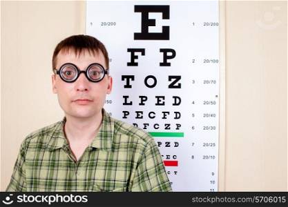 Funny man wearing spectacles in an office at the doctor