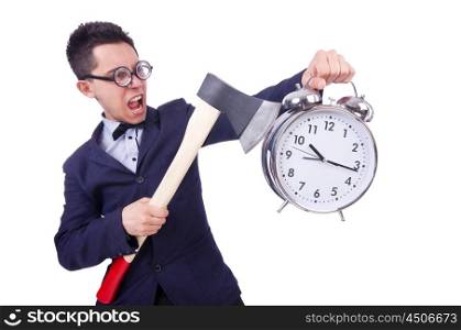 Funny man with axe and clock on white