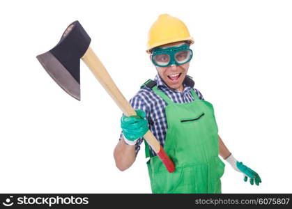 Funny man with axe isolated on white