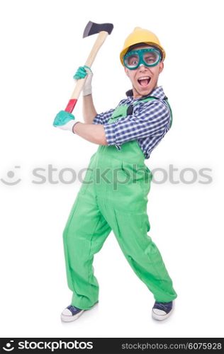 Funny man with axe isolated on white