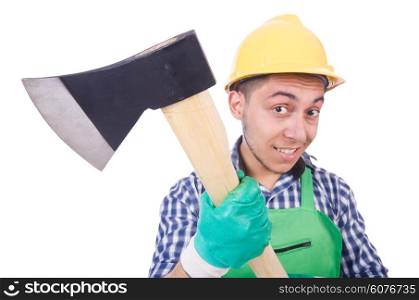 Funny man with axe isolated on white